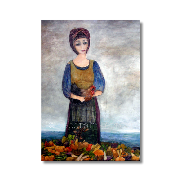 Painting of a woman holding a chicken with vegetables at her feet on a textured background
