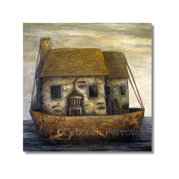 Artistic depiction of a houseboat with a house inside, on a textured background.