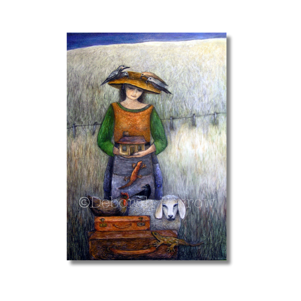 Artistic depiction of a person with a hat and suitcase, standing next to a dog and a bird.