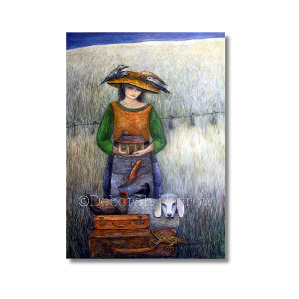 Artistic depiction of a person with a hat and suitcase, standing next to a dog and a bird.