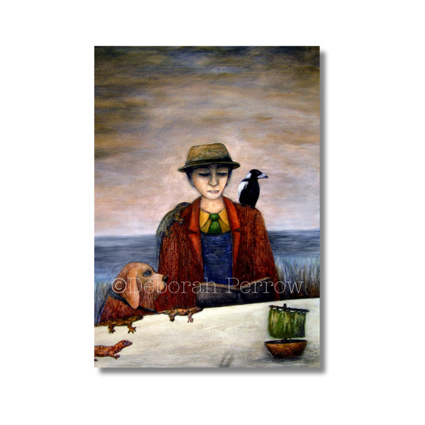 Painting of a person with a dog and a bird by a body of water, with 'Deborah Parrow' signature.