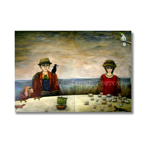 Painting of two people with a dog and various items on a table against a scenic background.