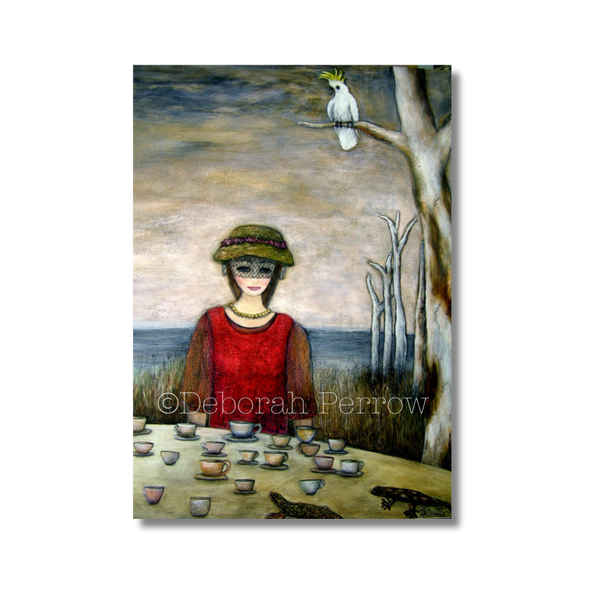 Artistic depiction of a woman in a red dress with a cockatoo on a branch, surrounded by cups and a lizard.