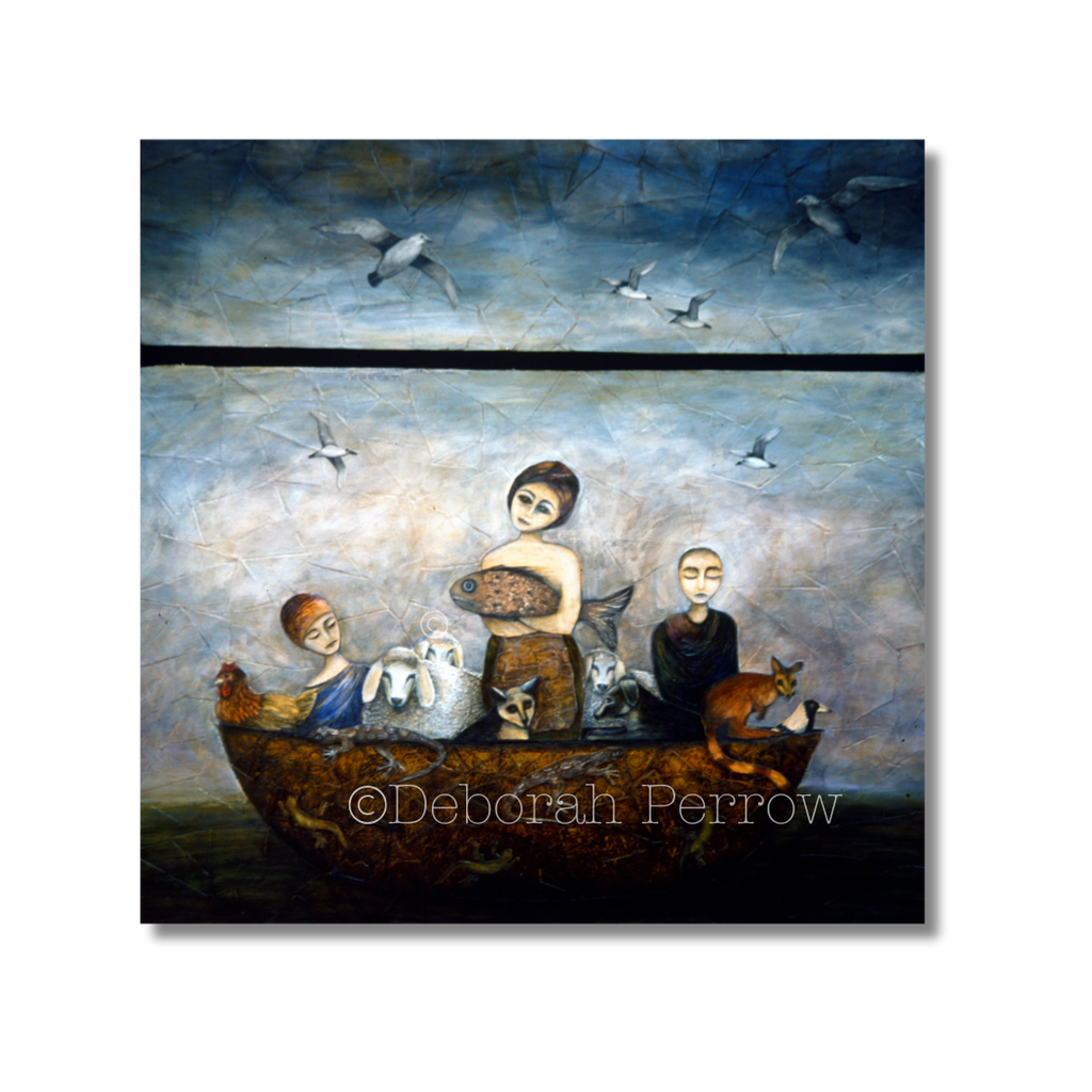 Artistic depiction of people and animals in a boat with a blue sky and birds above, signed by Deborah Perrow.