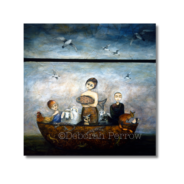 Artistic depiction of people and animals in a boat with a blue sky and birds above, signed by Deborah Perrow.