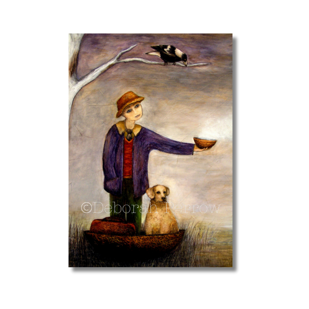Painting of a person in a boat with a dog and a bird, holding a bowl.