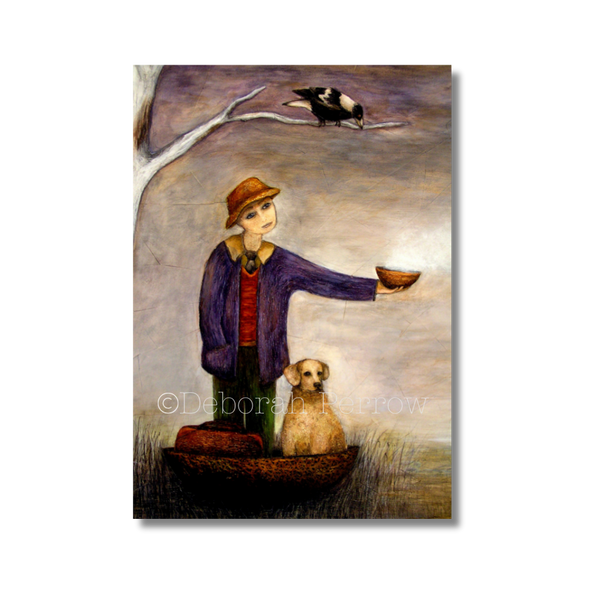 Painting of a person in a boat with a dog and a bird, holding a bowl.