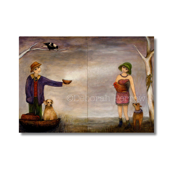 Painting of a man and woman with dogs in a natural setting, signed by Deborah Perrow.