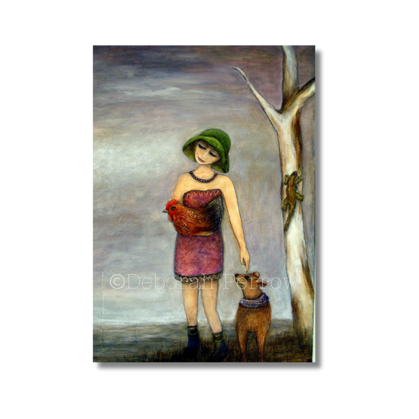 Painting of a woman in a red dress and green hat standing next to a dog, with a tree in the background.